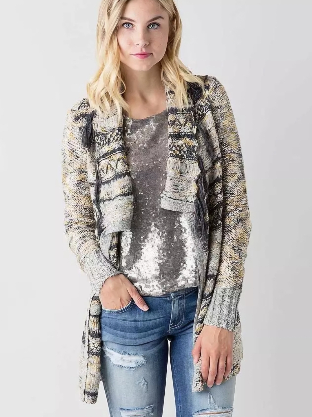 BKE Mixed Knit Open-Front Cardigan in Gray, Cream and Tan